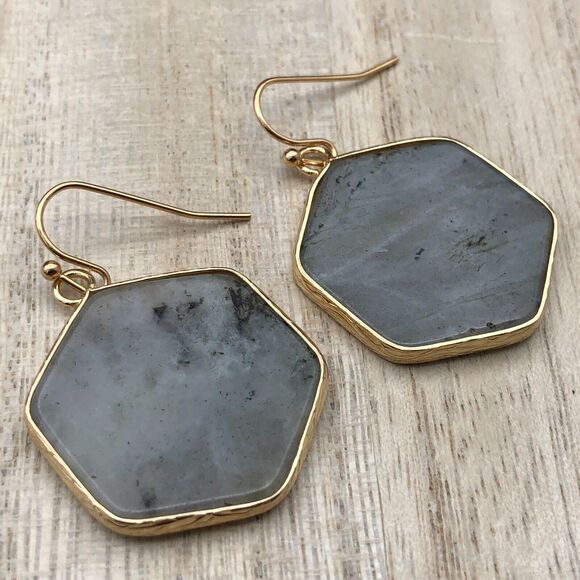 Gray Quartz Earrings Natural Hexagon Gemstone Gold Tone Bezel Drop Dangles - Picture 4 of 5